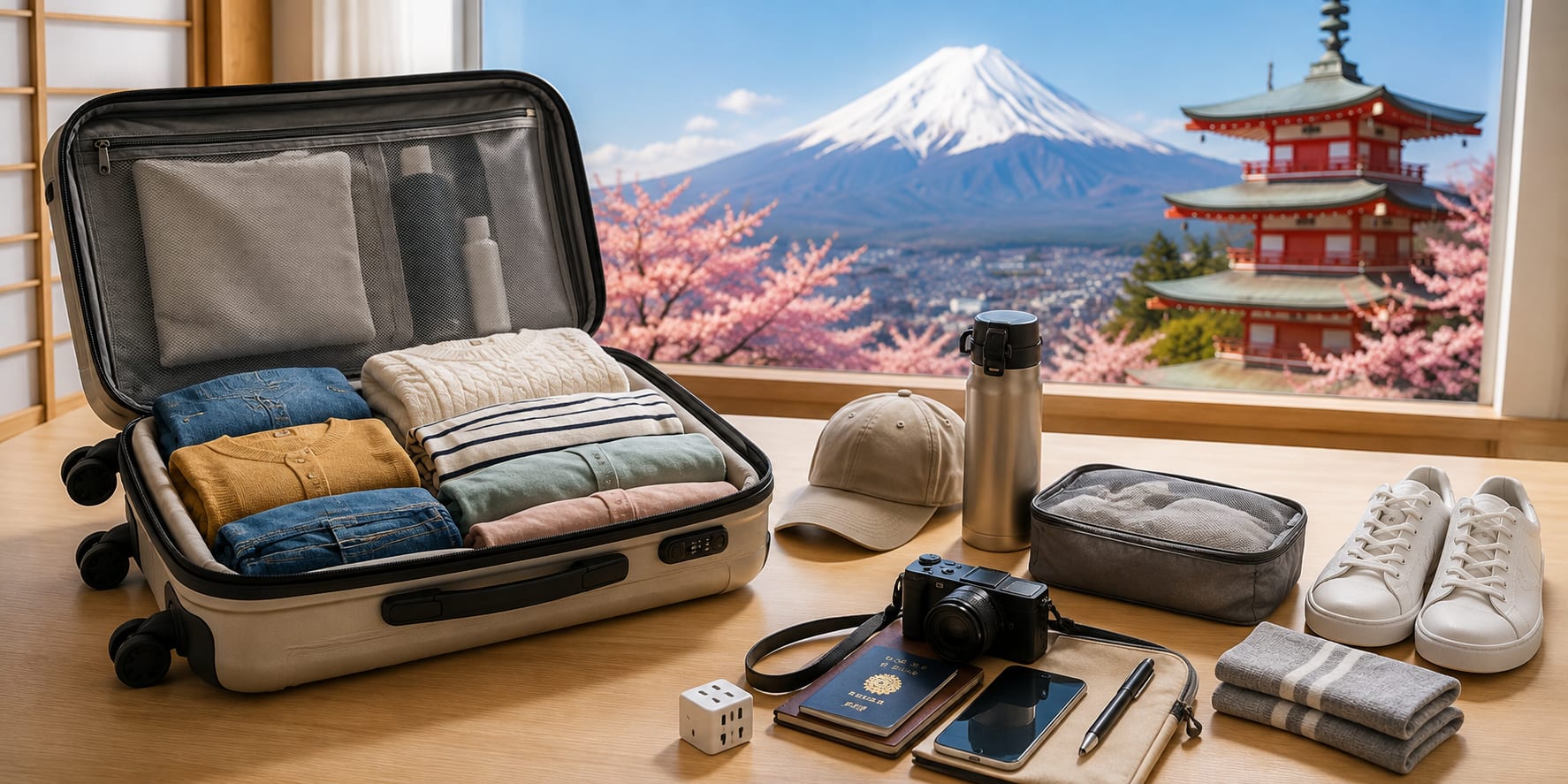 Open suitcase packed with folded clothes next to travel essentials, with Mount Fuji and a pagoda in the background